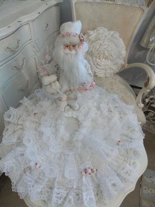 Shabby Vintage Christmas Chic Small Table Top White Lace & Pink Rose Tree Skirt