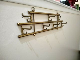 Vintage Antique Brass Wall Hanging Coat Rack 7 Swivel Hooks 22 "
