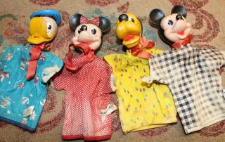 4 Vintage Antique Walt Disney Puppets Mickey Minnie Mouse Donald Duck Goofy 1959