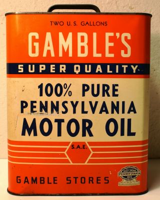 Vintage Gambles 100 Pure Pennsylvania Motor Oil Can 2 Gallon Quality Ad
