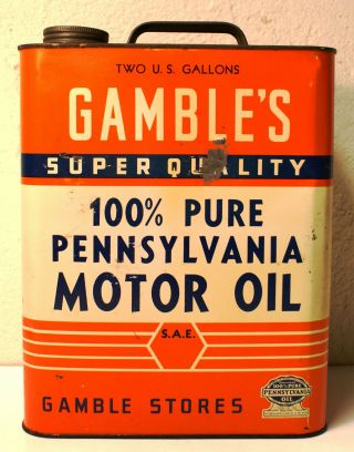 Vintage Gambles 100 Pure Pennsylvania Motor Oil Can 2 Gallon Quality Ad 3