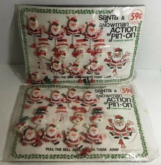 Vintage Christmas Santa And Snowman Action Pin - On.  2 Displays With 24 Pins
