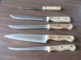 5 Vintage Chef Butcher Knives,  Carbon Steel Old Hickory And Carver Hall