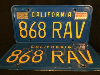 California License Plates 868 Rav 1977 Pair Year Of Manufacture Dmv Clear Set