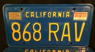 California License Plates 868 RAV 1977 Pair Year Of Manufacture DMV Clear Set 2