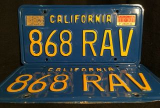 California License Plates 868 RAV 1977 Pair Year Of Manufacture DMV Clear Set 3