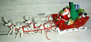 Vintage Plastic Christmas Santa On Sleigh With Reindeer