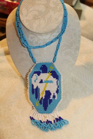 Vintage Native American Necklace 18 " Seed Bead Medallion Indian Thunderbird Lg