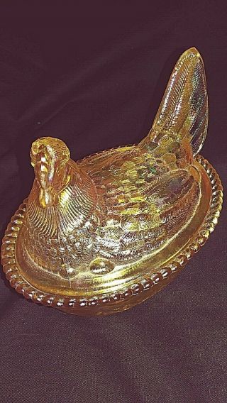 Vintage Westmoreland Gold Iridescent Hen On Nest