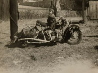Vintage Snapshot Photo 3 1/2 X 5 Boy On Old Harley Davidson Motorcycle