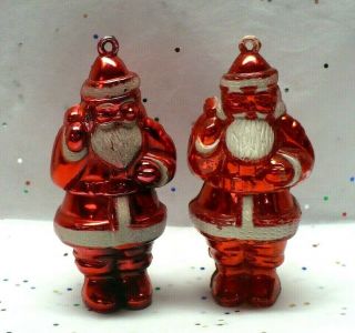 2 Vtg Christmas Hard Plastic Metallic Red Santa Tree Ornaments