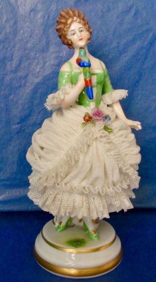Dresden Anton Muller Volkstedt Antique Porcelain Lace Figurine Girl With Parrot