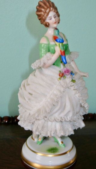 DRESDEN Anton Muller Volkstedt Antique Porcelain Lace Figurine Girl with Parrot 2