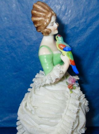 DRESDEN Anton Muller Volkstedt Antique Porcelain Lace Figurine Girl with Parrot 3