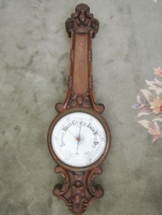 Antique Victorian English Hand Carved Wooden Wall Barometer.