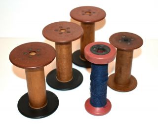 (5) Vintage Wooden Industrial Sewing Spools Bobbins Primitive Décor