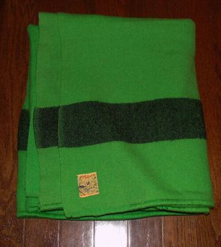 Vintage Ayers Green Hudsons Bay Style Wool Blanket Black Strip 78 X 69 In.