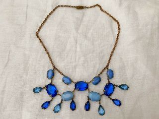 Vintage Antique Art Deco Blue Paste Glass Open Back Bezel Set Festoon Necklace