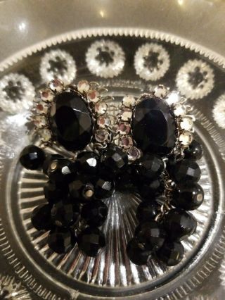 Vintage Miriam Haskell Signed Faceted Black Glass & Bead Dangle Clip On Earrings
