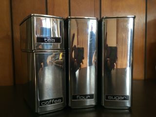 Vintage Lincoln Beautyware Canister Set Chrome Wedge Shaped Kitchen Wood Handles