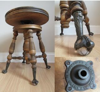 Antique Piano Stool Victorian Wood H Holtzman Sons Ohio Glass Ball & Claw Feet