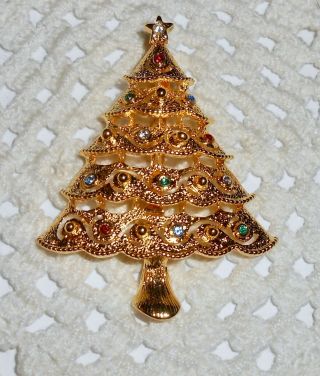 Vintage Jj Signed Enamel Christmas Tree Brooch Pin Rhinestone Holiday C62