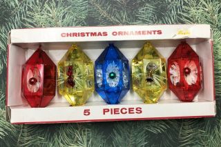 5 Vintage Jewelbright Christmas Ornaments In Org Box Red Blue Gold Diorama Decor