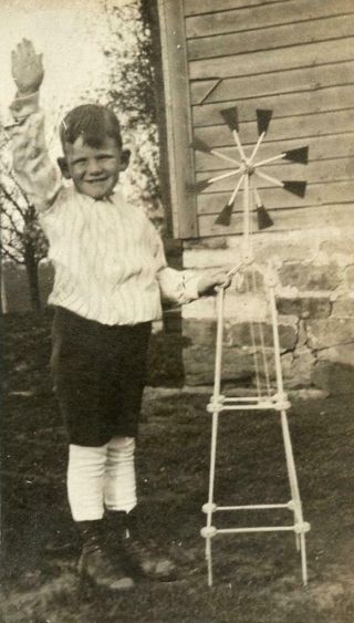 At262 Vintage Photo Little Boy With Windmill Toy Saluting Hello C Early 1900 