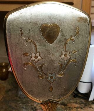 Vintage Hand Held Vanity Gold Platted With Silver Heart And Flower Mirror