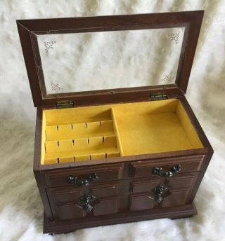 Vintage Wooden Music Box Jewelry Box Chest Yellow Velvet 7.  5x10.  5” Glass Top