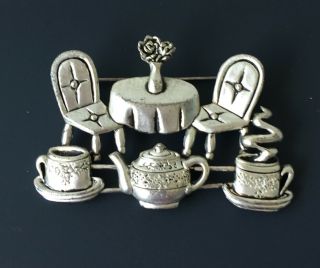 Unique Vintage Tea For Two Brooch In Silver Tone Metal.  The Tea Pot You Can Slid
