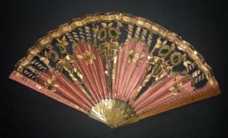 Antique French Empire Carved Horn Gold Embroidered Silk Leaf Fan