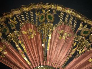 ANTIQUE FRENCH EMPIRE CARVED HORN GOLD EMBROIDERED SILK LEAF FAN 3