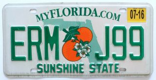 Florida 2016 " Orange Blossom " License Plate,  Erm J99,  Sunshine State