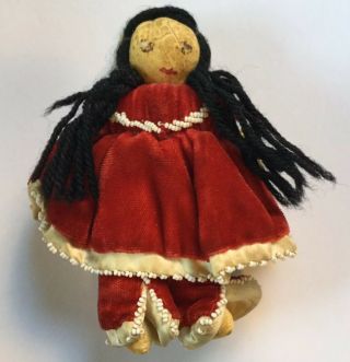 Vintage Handmade Native American Doll Girl Child Red Velvet Dress Black Braids