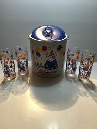 Vintage 1987 Spuds Mackenzie Bud Light Ice Bucket And 4 Glasses.  (1430)