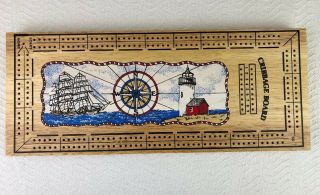 Vintage Cribbage Board Wood Nautical Lighthouse Sailboat Compass Beach Ocean