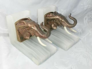 Vintage Marble & Bronze Brass Elephant Head Bookends Artemetalica Mexico