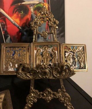 Old Antique Russian Bronze Triptych Enamel 19th Century Religious Stand Not Inc