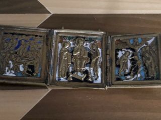Old Antique Russian Bronze Triptych Enamel 19th century Religious Stand Not Inc 3