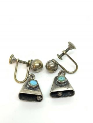 Vintage Blue Turquoise Cabochon Bell Earrings Silver Plated