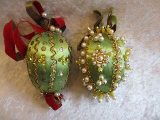 Vintage Handmade Satin/pearl/beaded Egg Shaped Christmas Tree Ornaments