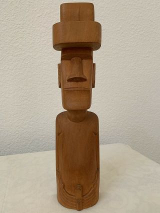 Vintage Carved Wood Easter Island Moai With Pukao - Topknot On His Head.