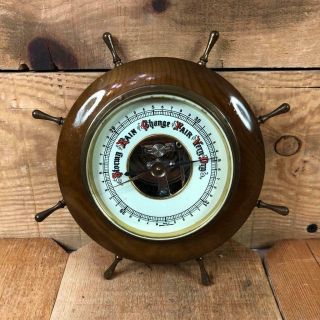 Vintage Ships Wheel Barometer Wood Brass Made In Western Germany Weather
