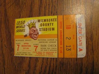 Vtg 1958 World Series York Yankees Milwaukee Braves Ticket Stub Game 7