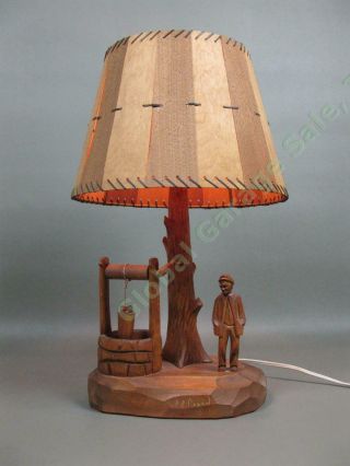 Vintage Folk Art Paul Caron Signed Hand Carved Wooden Lamp Quebec Canada