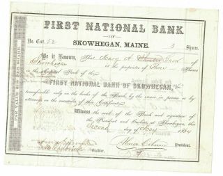 First National Bank Of Skowhegan Maine 1864 Vintage Stock Certificate