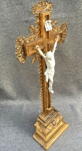 Big Antique French Crucifix Cross Wood Gold Stucco Early 1900 