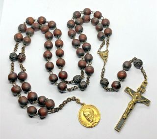 † Nun Antique Brown Wooden Beads Habit Rosary W St Vincent De Paul Medal †