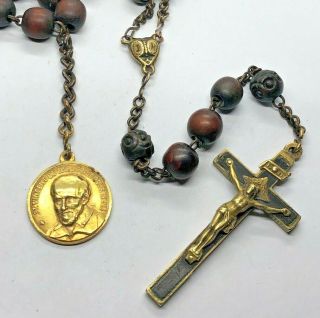 † NUN Antique BROWN WOODEN Beads HABIT Rosary w ST VINCENT DE PAUL Medal † 2